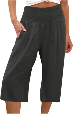 TARIENDY 2025 Summer Capri Pants for Women Cotton Linen Pants Beach Casual High Waisted Pants Wide Leg Elastic Waist Capris