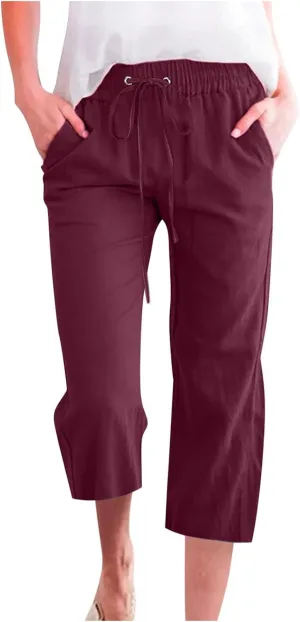TARIENDY Capris Pants for Women Casual Summer 2025 Straight Wide Leg Elastic Drawstring Pants High Waisted Cropped Trouser