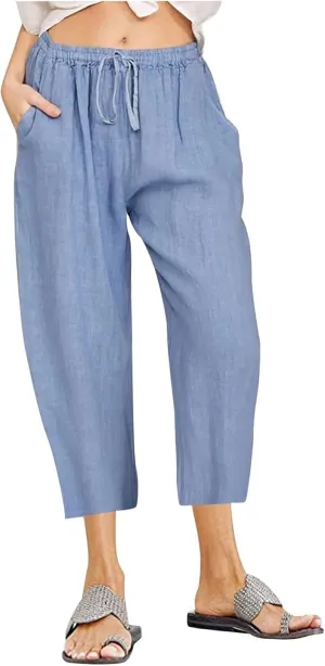 TARIENDY Lounge Pants Women Summer Beach Casual Palazzo Cropped Trousers Loose Comfy Elastic Drawstring Capris with Pockets