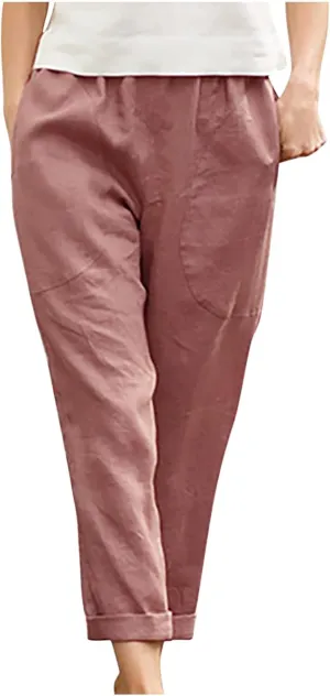 TARIENDY Womens Casual Pants Straight Leg Elastic Waist Summer Pant Plus Size Comfy Trousers Beach Outfits with Pockets