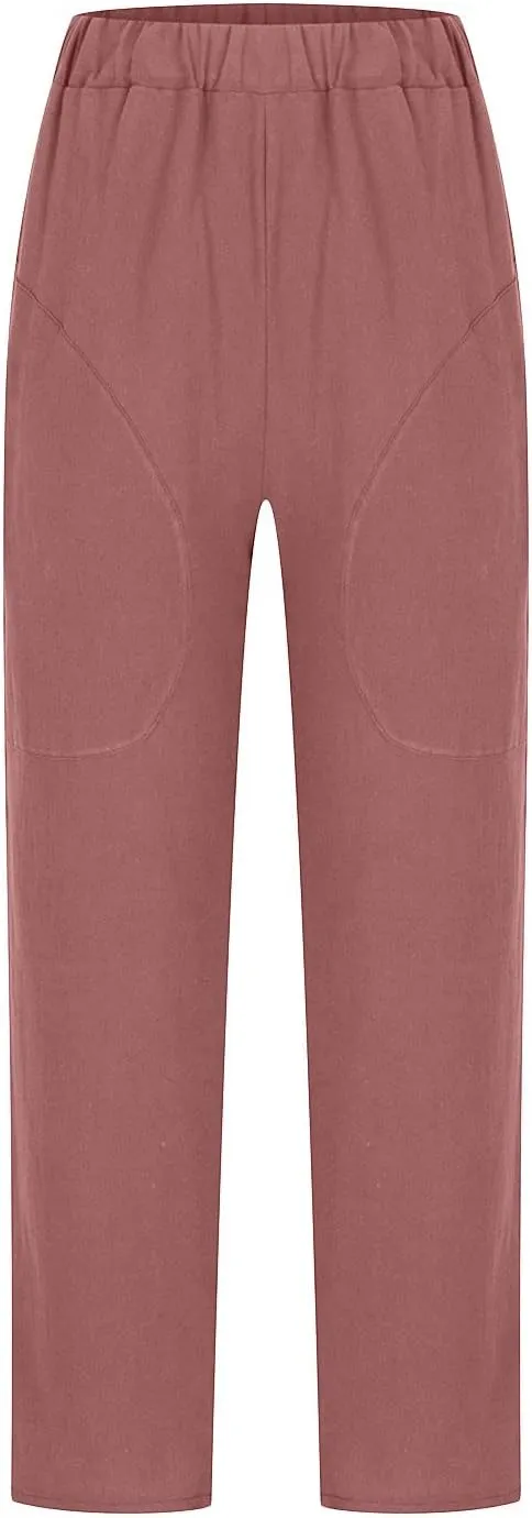 TARIENDY Womens Casual Pants Straight Leg Elastic Waist Summer Pant Plus Size Comfy Trousers Beach Outfits with Pockets