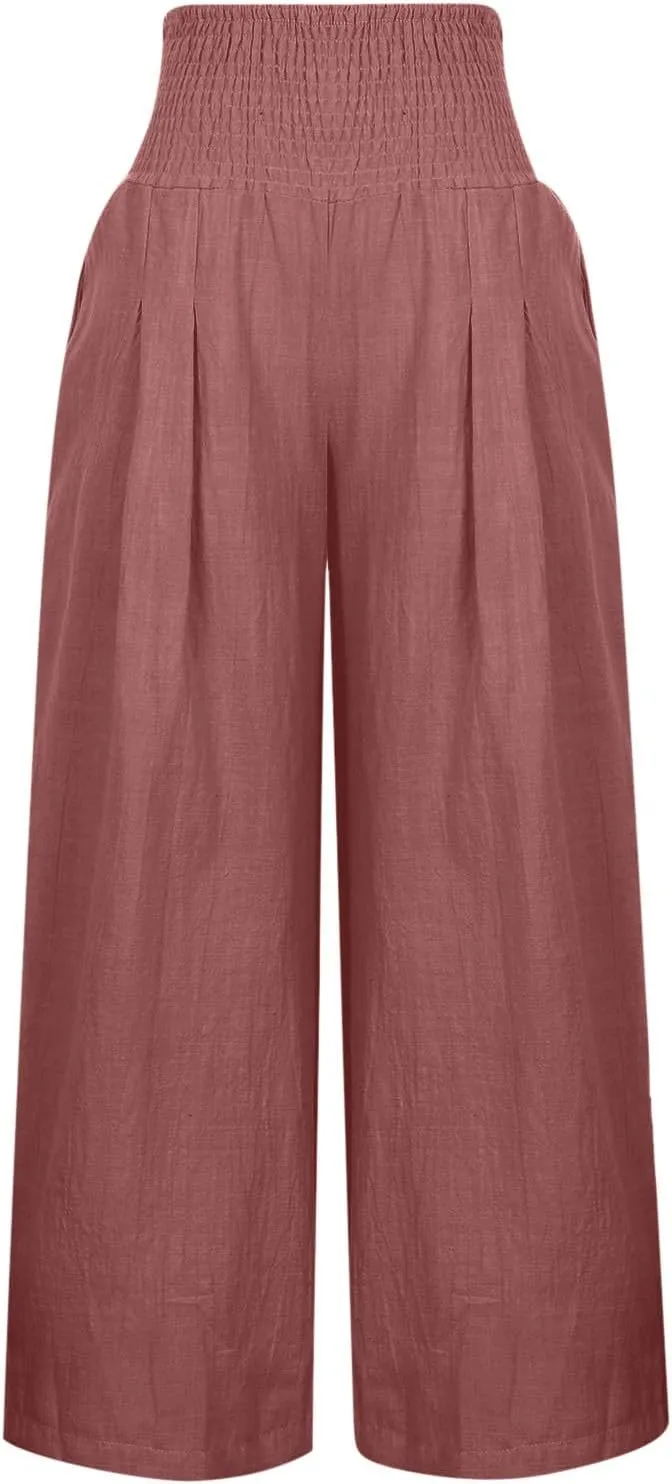TARIENDY Womens High Waisted Pants Wide Leg Loose Palazzo Pants Elastic Beach Casual Pants Summer Trousers with Pockets