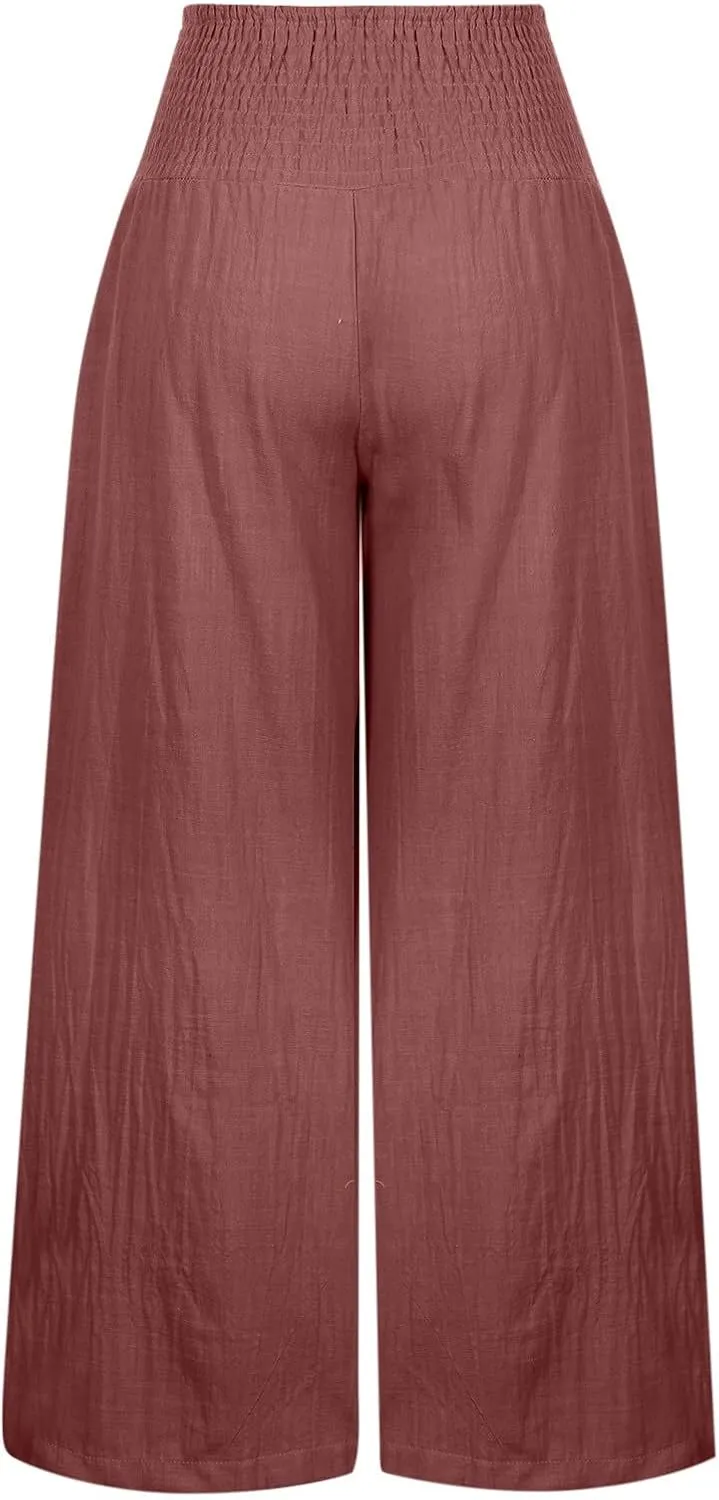 TARIENDY Womens High Waisted Pants Wide Leg Loose Palazzo Pants Elastic Beach Casual Pants Summer Trousers with Pockets