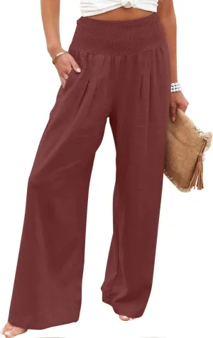 TARIENDY Womens High Waisted Pants Wide Leg Loose Palazzo Pants Elastic Beach Casual Pants Summer Trousers with Pockets