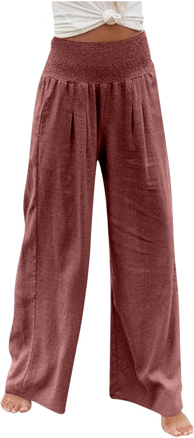 TARIENDY Womens High Waisted Pants Wide Leg Loose Palazzo Pants Elastic Beach Casual Pants Summer Trousers with Pockets