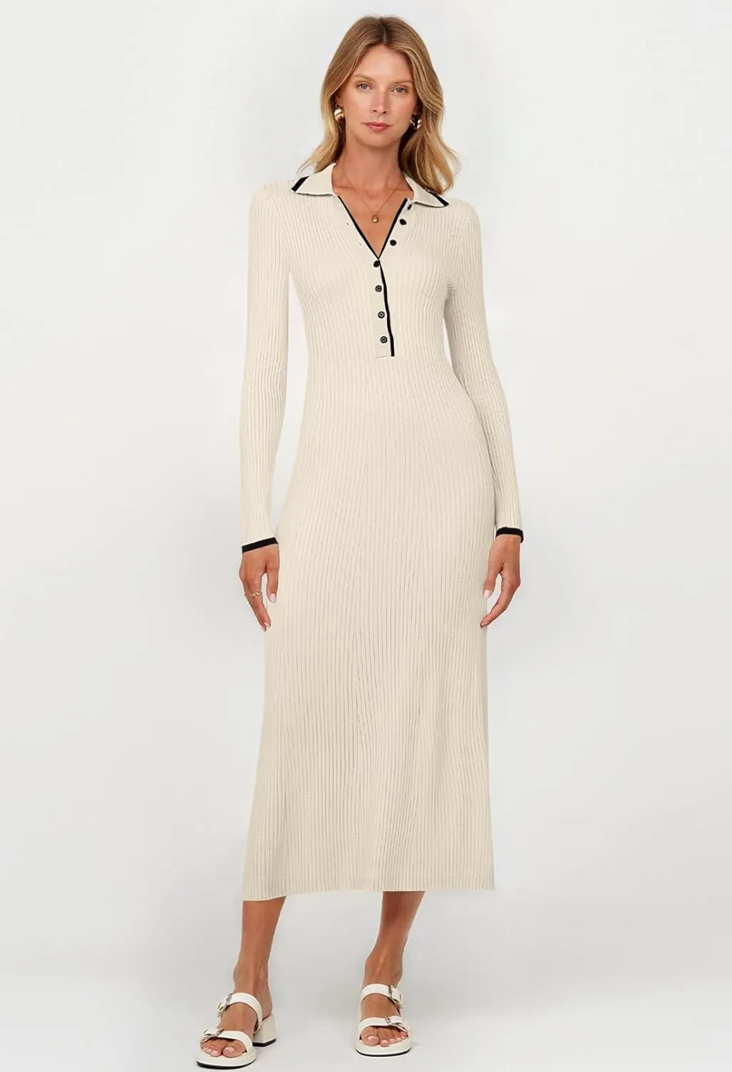 TECREW Women's Long Sleeve V Neck Sweater Maxi Dress Button Bodycon Fitted Fall Ribbed Knit Dresses
