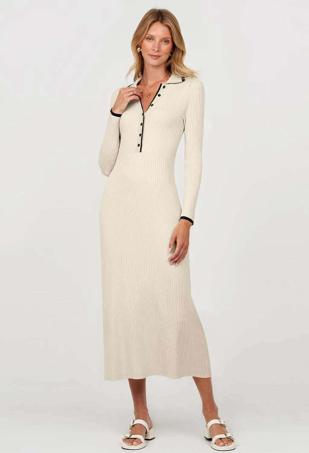 TECREW Women's Long Sleeve V Neck Sweater Maxi Dress Button Bodycon Fitted Fall Ribbed Knit Dresses