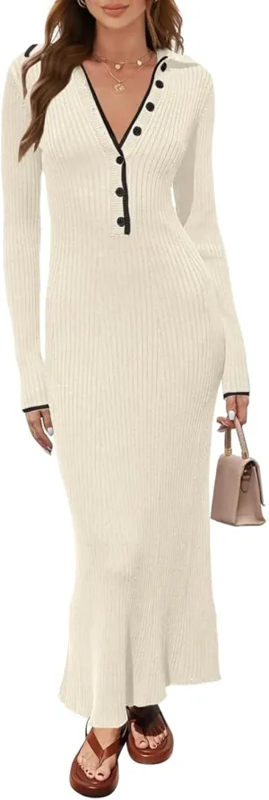 TECREW Women's Long Sleeve V Neck Sweater Maxi Dress Button Bodycon Fitted Fall Ribbed Knit Dresses