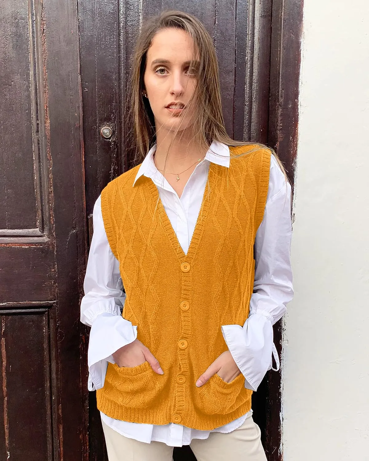 TINKUY Peru Womens Alpaca Wool V Neck Argyle Cardigan Vest S-4XL