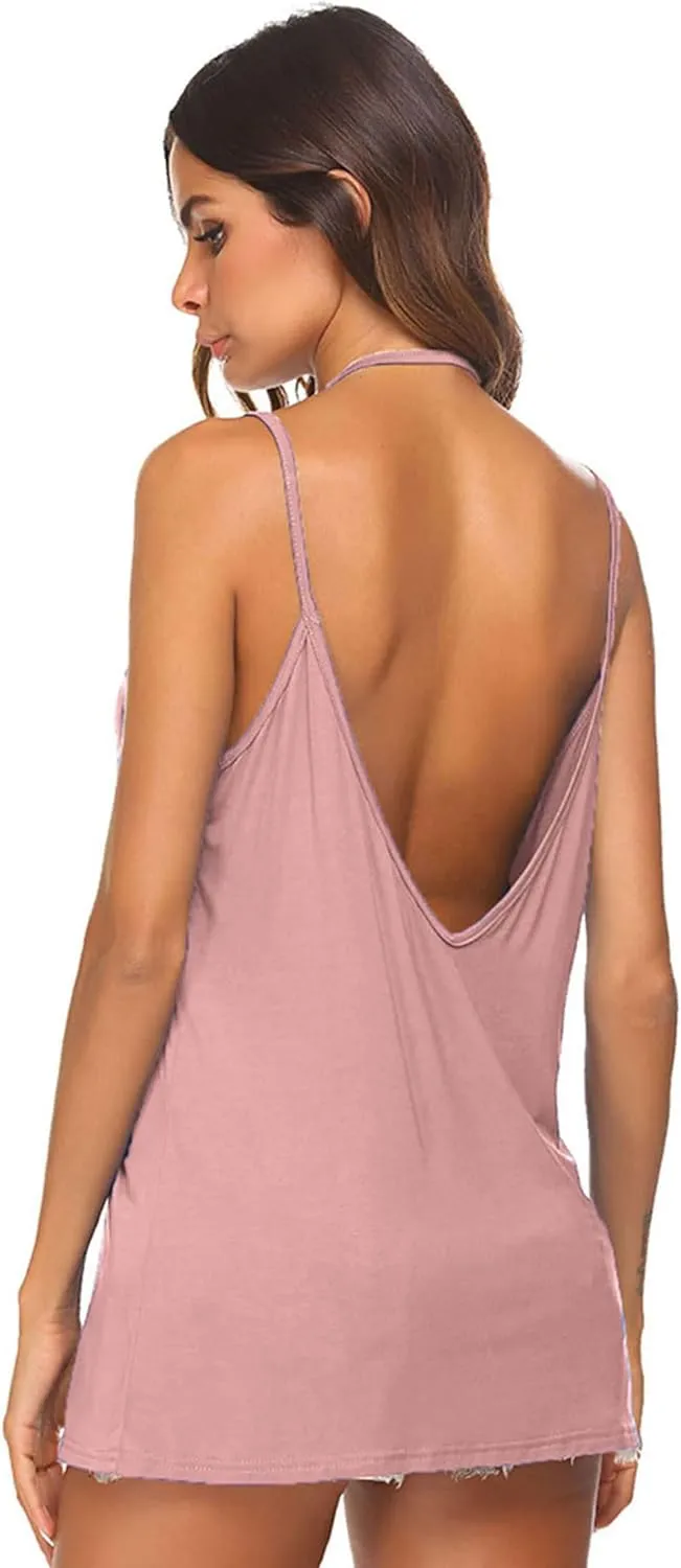 Tobrief Women's Sexy V Neck Halter Spaghetti Strap Backless Cami Tank Top