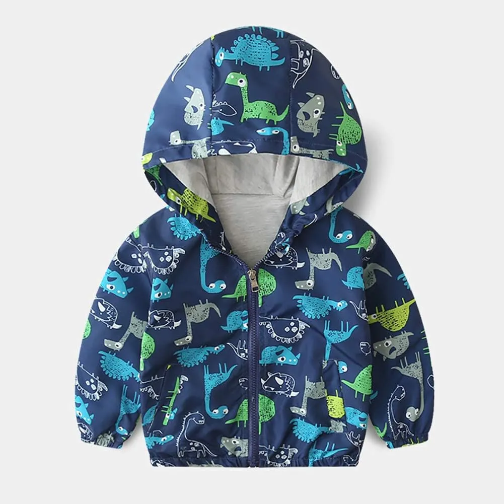 Toddler Baby Boys Cartoon Dinosaur Print Hooded Jacket Long Sleeve Windproof Coats Zip Up Trench Windbreaker Outerwear