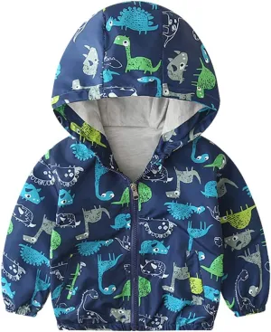 Toddler Baby Boys Cartoon Dinosaur Print Hooded Jacket Long Sleeve Windproof Coats Zip Up Trench Windbreaker Outerwear