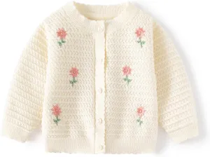 Toddler Butterfly Decor Thin Knitted Cardigan Sweater, Baby Girl's Cotton Button Front Top Clothes Sweater Mesh Coat