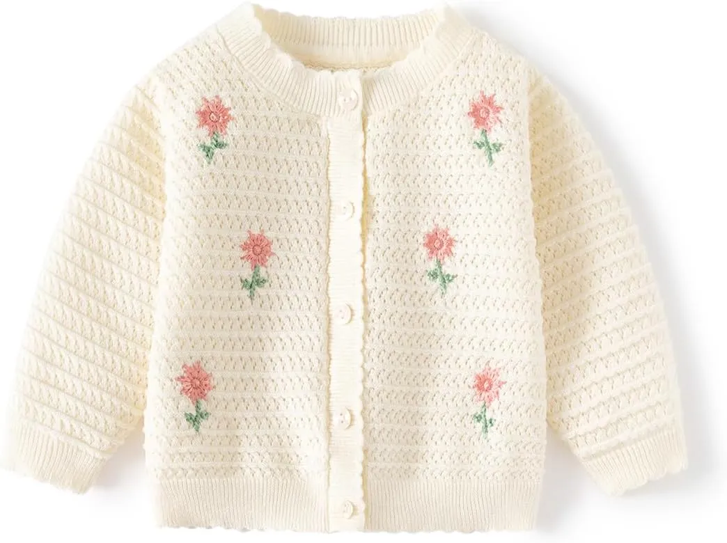 Toddler Butterfly Decor Thin Knitted Cardigan Sweater, Baby Girl's Cotton Button Front Top Clothes Sweater Mesh Coat