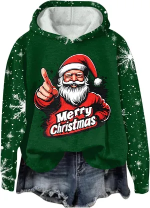 Ugly Christmas Hoodie, Womens Long Sleeve 2024 Sweatshirts Loose O Neck Shirt Snowflake Print Pullover Tshirt Daily Tops