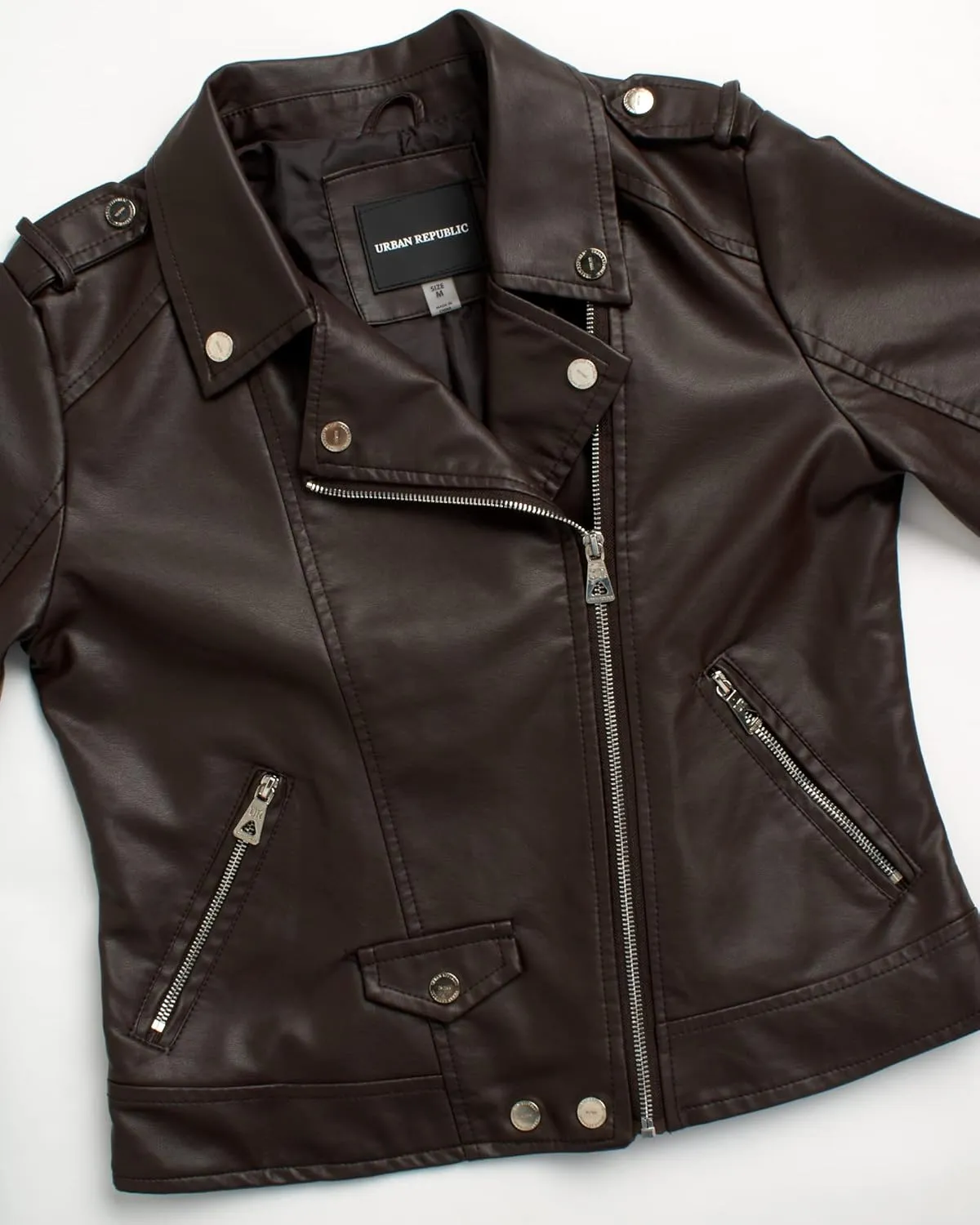 URBAN REPUBLIC Women's Leather Jackets, Faux Motorcycle Moto Biker Coat Short Lightweight Vegan Pleather Fashion