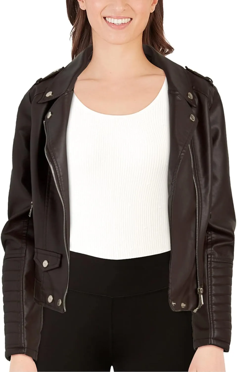 URBAN REPUBLIC Women's Leather Jackets, Faux Motorcycle Moto Biker Coat Short Lightweight Vegan Pleather Fashion