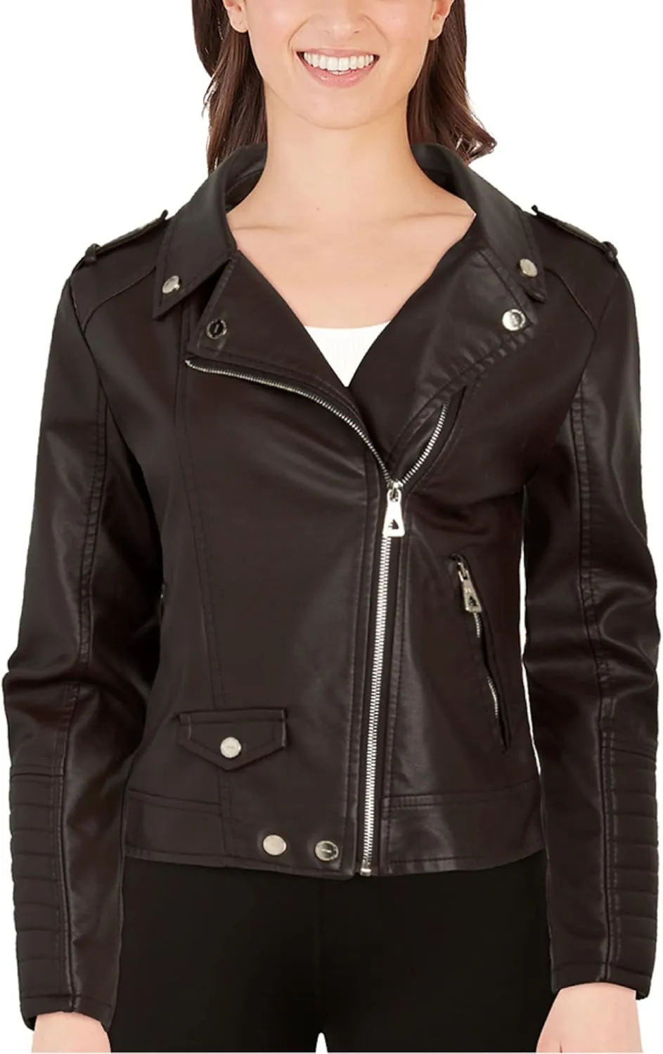 URBAN REPUBLIC Women's Leather Jackets, Faux Motorcycle Moto Biker Coat Short Lightweight Vegan Pleather Fashion