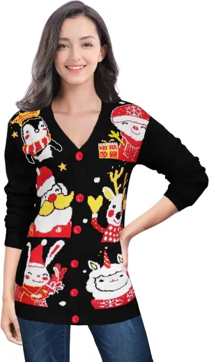 v28 Ugly Christmas Sweater for Women Reindeer Funny Merry Knit Sweaters Cardigan