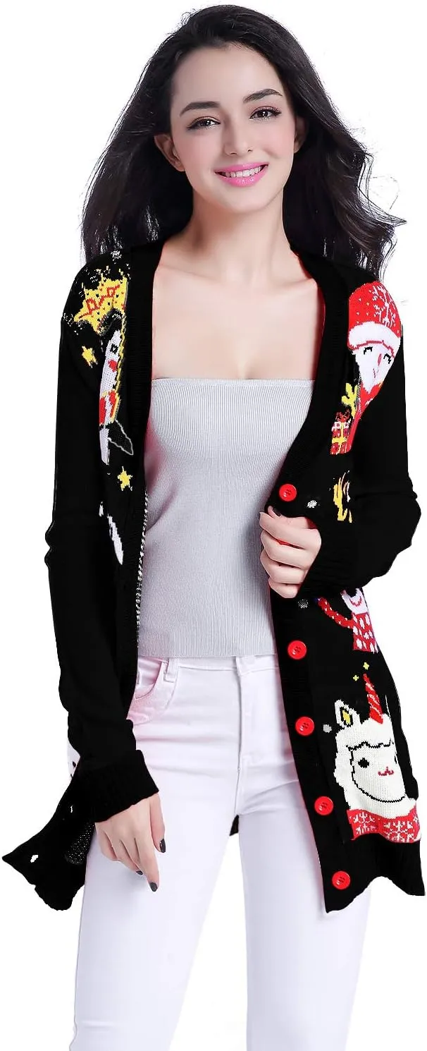 v28 Ugly Christmas Sweater for Women Reindeer Funny Merry Knit Sweaters Cardigan
