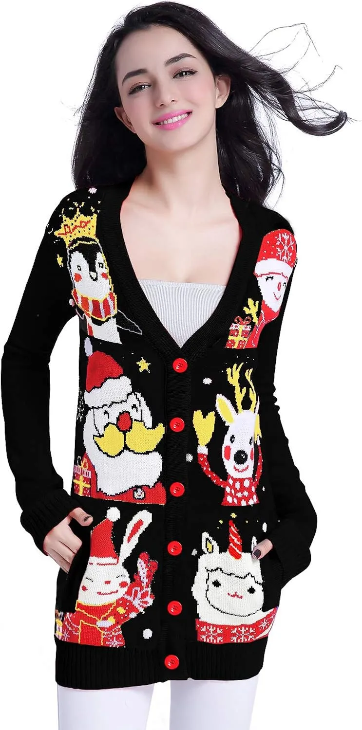 v28 Ugly Christmas Sweater for Women Reindeer Funny Merry Knit Sweaters Cardigan