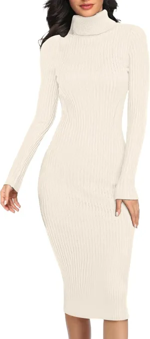 v28 Women Stretchable Knitted Long Sleeve Slim Fitted Ribbed Soft Sweater Dress