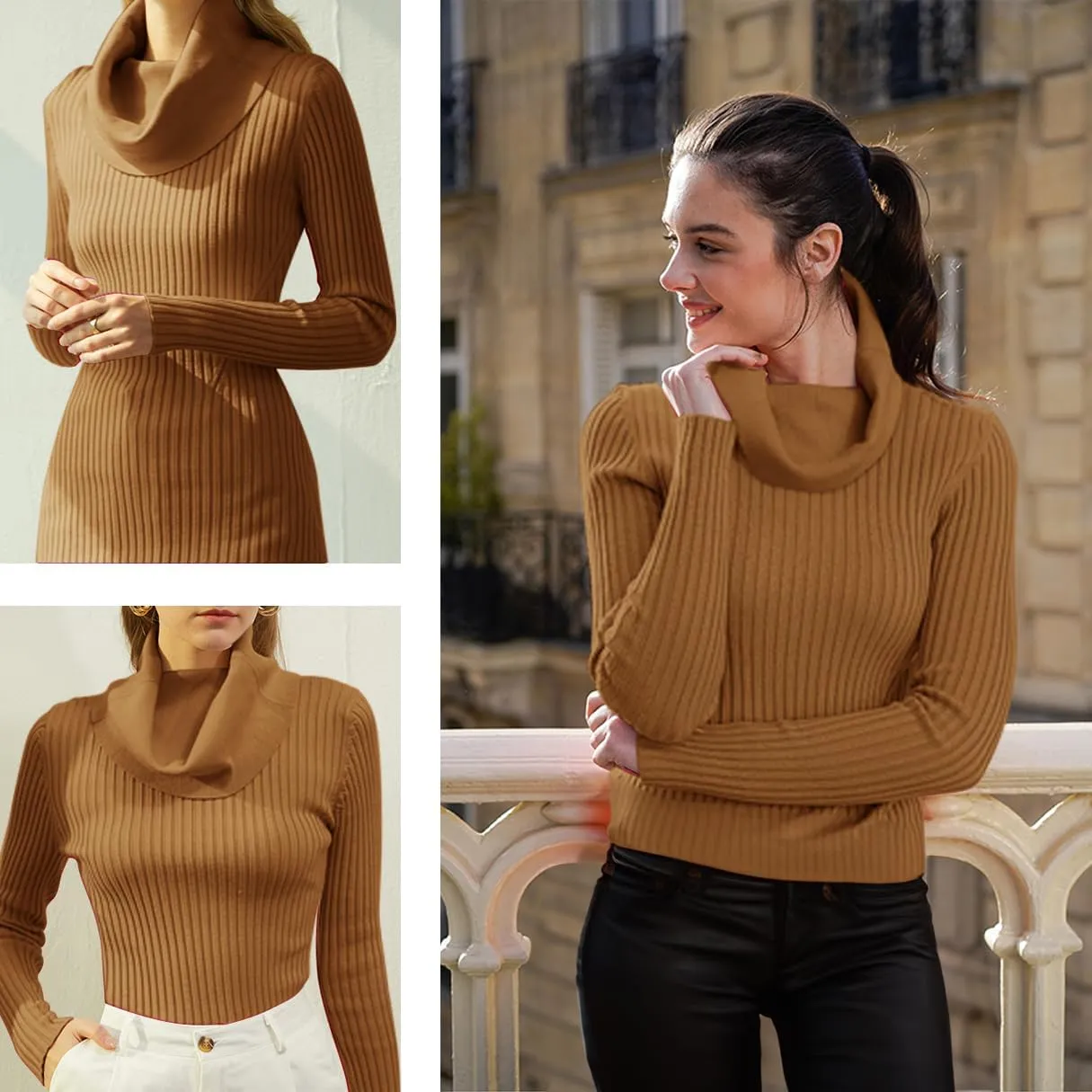 v28 Womens Stretchable Cowl Neck Knit Long Sleeve Slim Fit Bodycon Sexy Sweater
