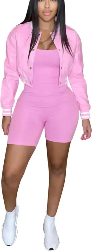 Varsity Cropped Faux Leather Jacket for Women Long Sleeve Button Down Bomber Baseball Jacket Streetwear with Pocket