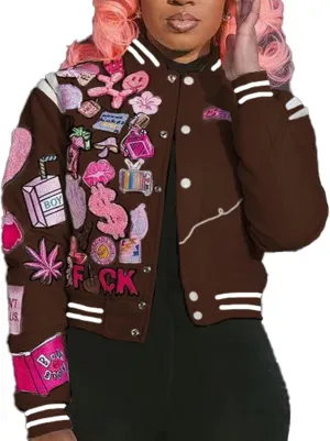 Varsity Jacket Women Print Vintage Patches Letterman Cropped Bomber Jacket Lightweight Dressy Cute Coat