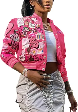 Varsity Jacket Women Print Vintage Patches Letterman Cropped Bomber Jacket Lightweight Dressy Cute Coat