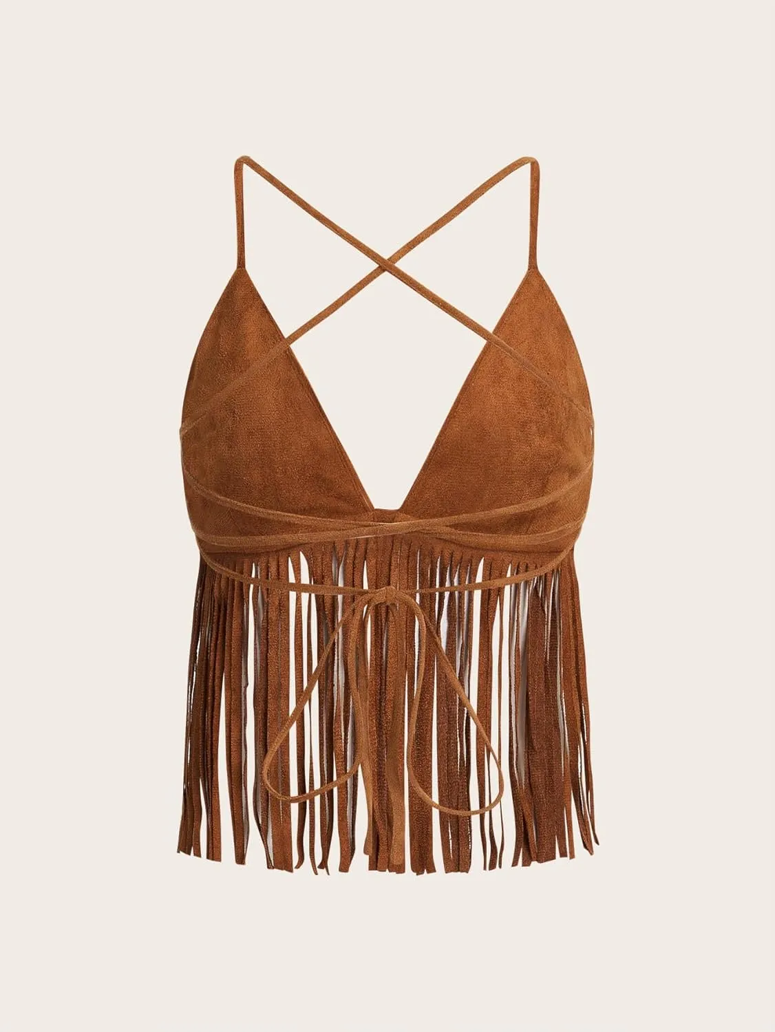 Verdusa Women's Crisscross Tie Backless Fringe Hem Sleeveless Satin Crop Cami Top