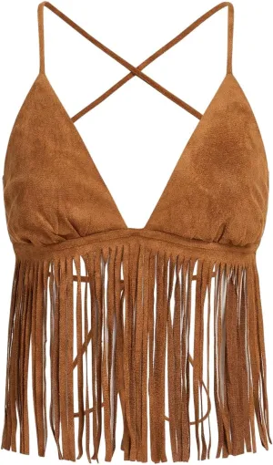 Verdusa Women's Crisscross Tie Backless Fringe Hem Sleeveless Satin Crop Cami Top