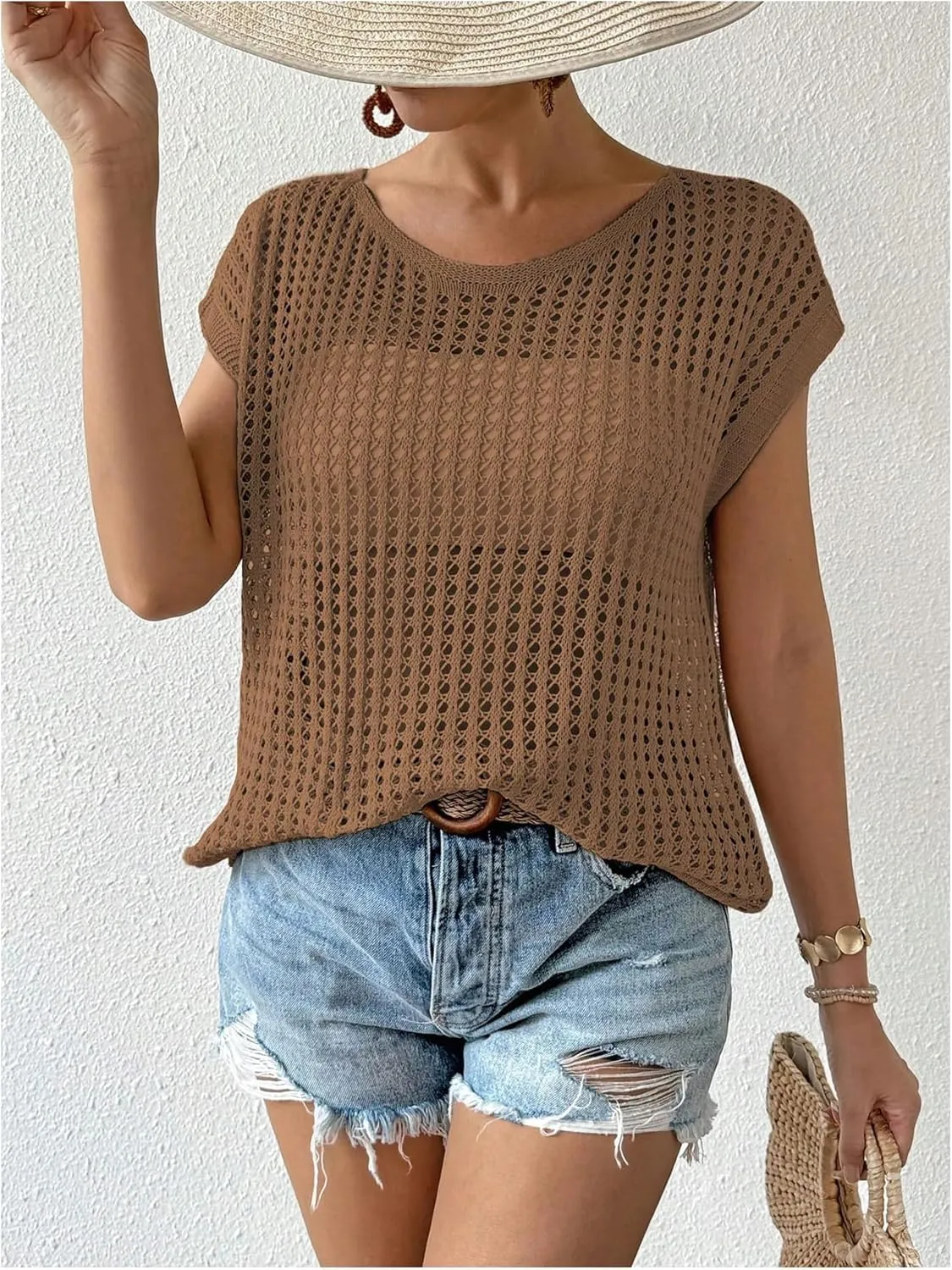 Verdusa Women's Hollow Out Sheer Knit Top Dolman Sleeve Pullover Cover Up