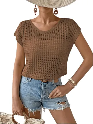 Verdusa Women's Hollow Out Sheer Knit Top Dolman Sleeve Pullover Cover Up