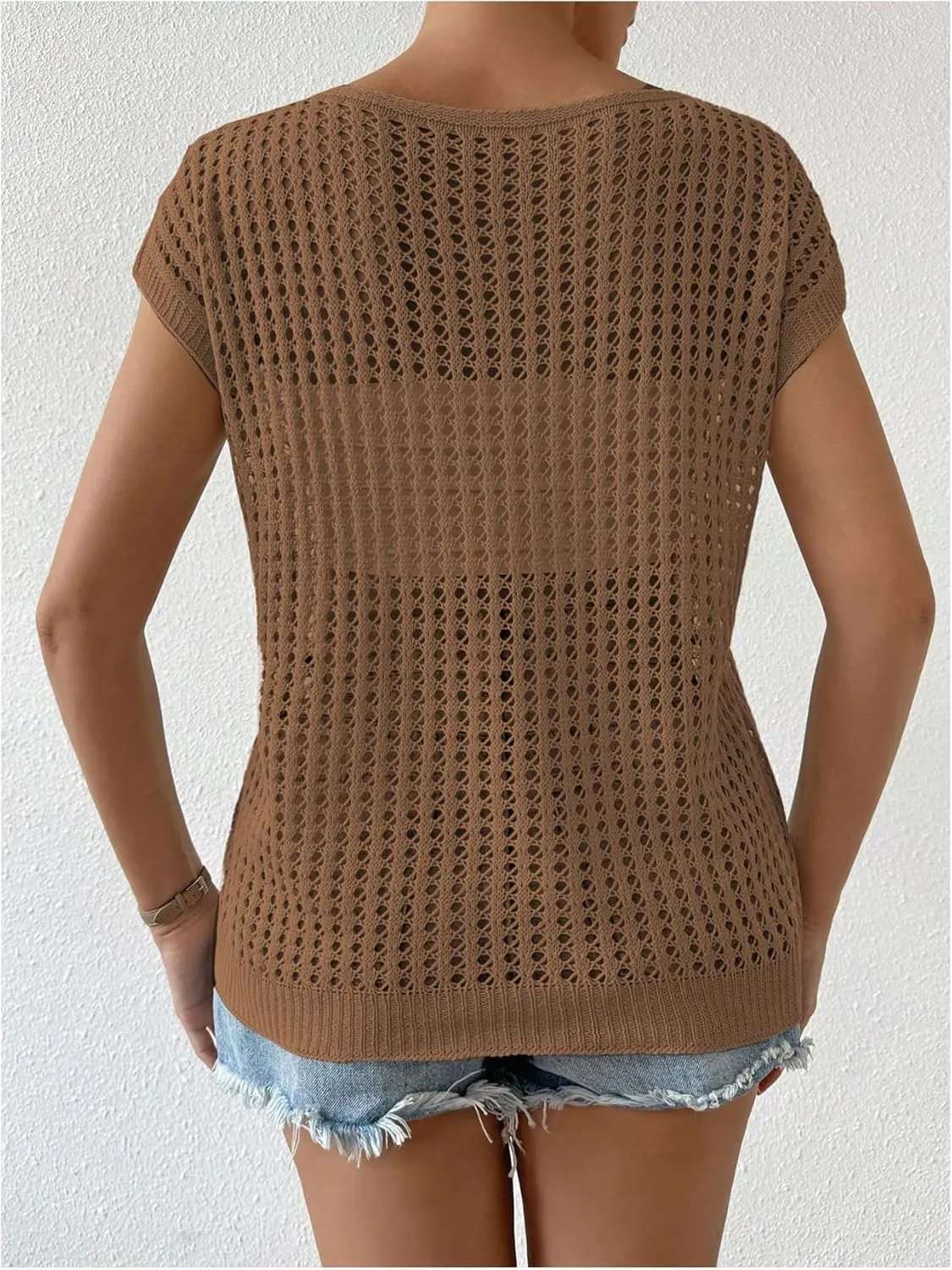 Verdusa Women's Hollow Out Sheer Knit Top Dolman Sleeve Pullover Cover Up