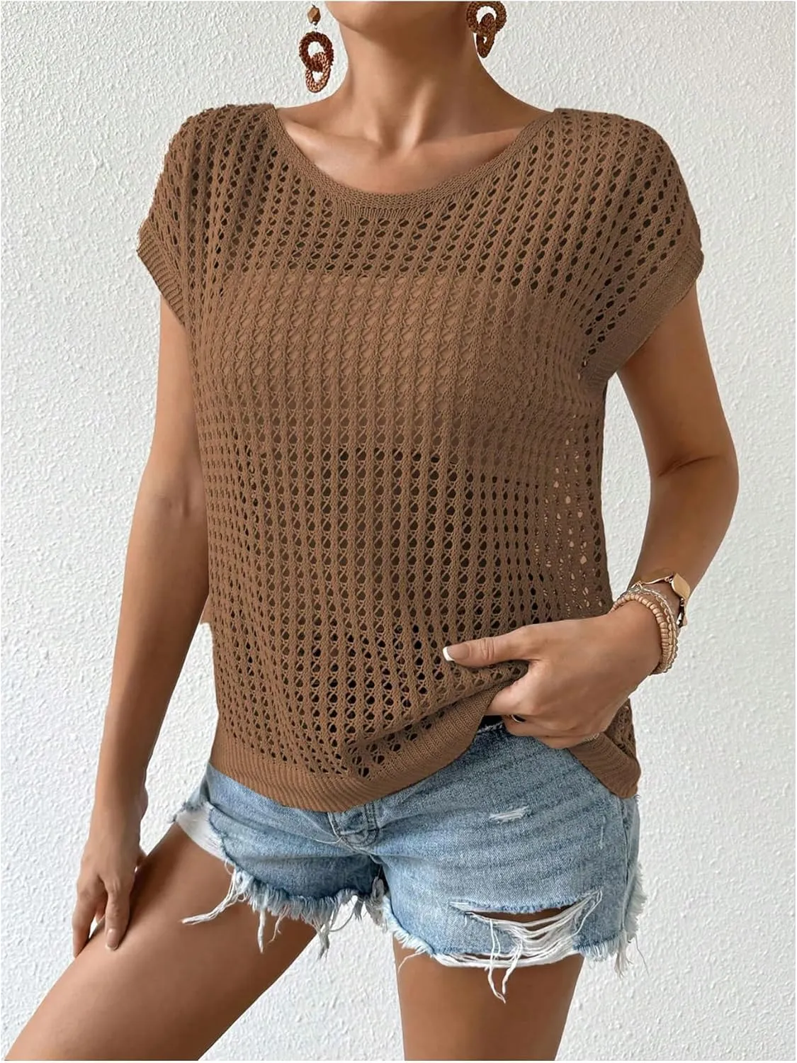 Verdusa Women's Hollow Out Sheer Knit Top Dolman Sleeve Pullover Cover Up