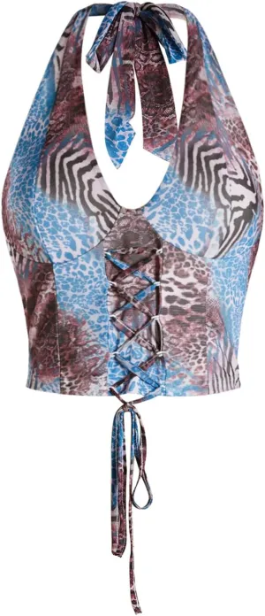 Verdusa Women's Sleeveless Halter Neck Lace Up Front Tie Back Crop Top