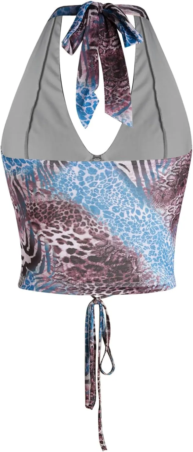 Verdusa Women's Sleeveless Halter Neck Lace Up Front Tie Back Crop Top