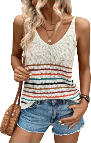 Verdusa Women's V Neck Sleeveless Knitted Tops Striped Crochet Tank Top