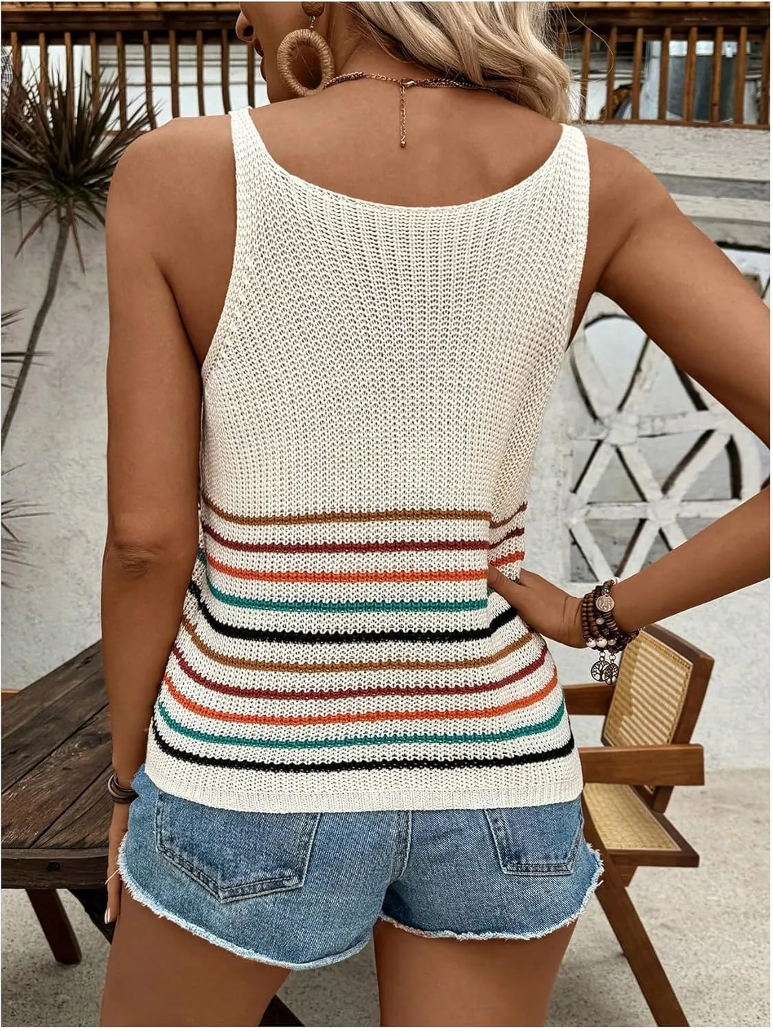 Verdusa Women's V Neck Sleeveless Knitted Tops Striped Crochet Tank Top