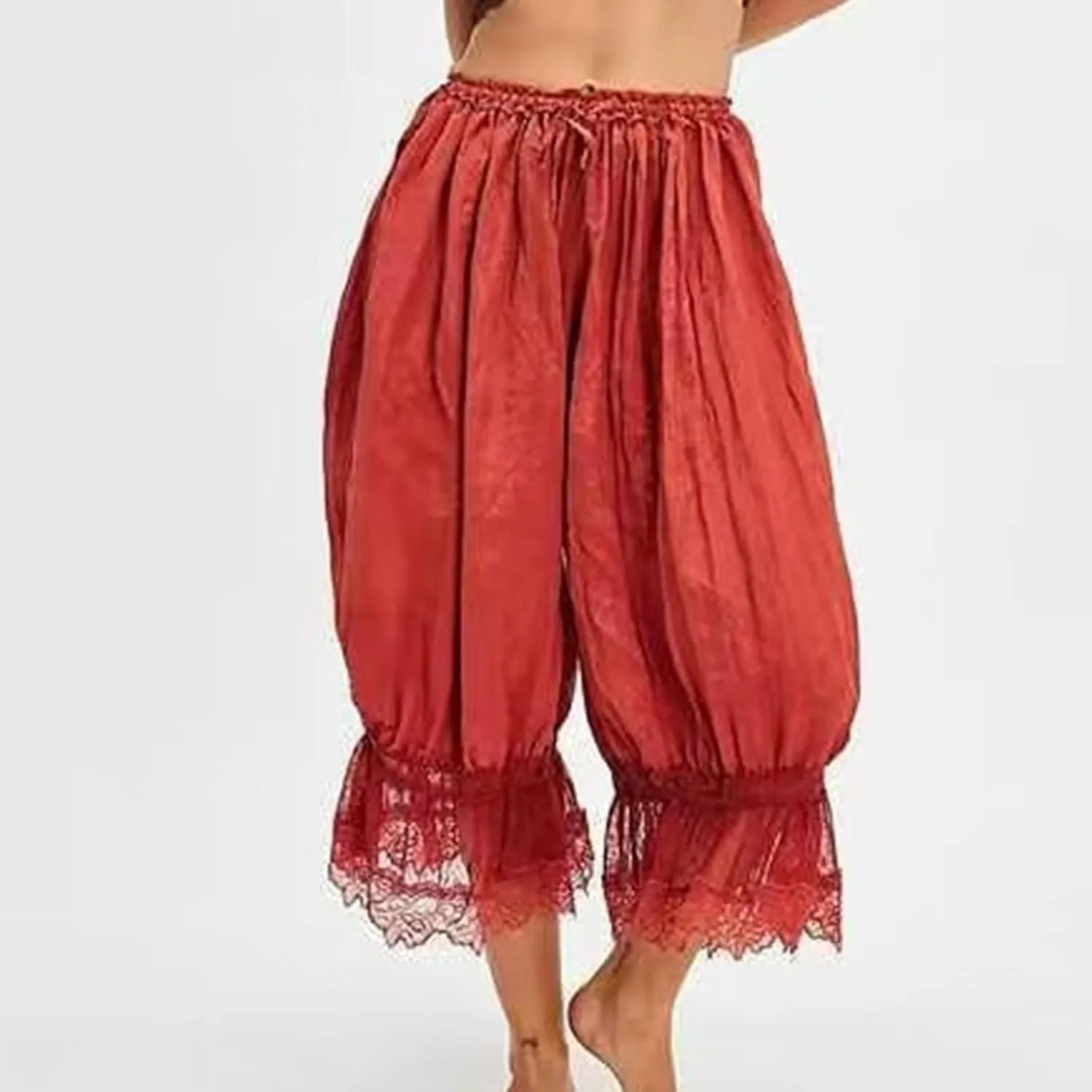Vintage Lace Hem Pajama Pants for Women Victorian Elastic Low Rise Bloomers Pjs Bottom Cute Pleated Y2k Sleepwear Capri Pant
