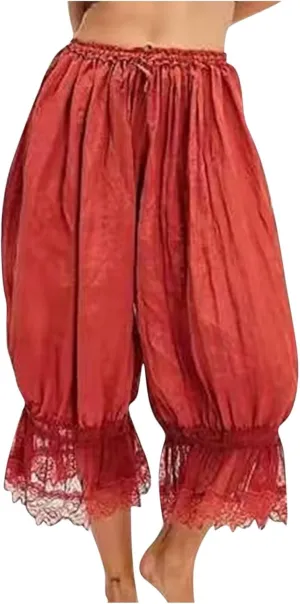 Vintage Lace Hem Pajama Pants for Women Victorian Elastic Low Rise Bloomers Pjs Bottom Cute Pleated Y2k Sleepwear Capri Pant