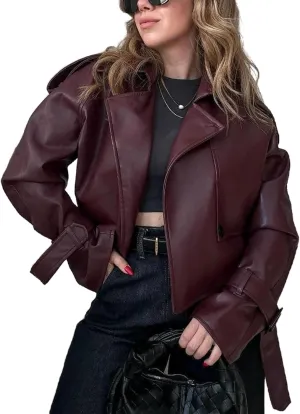 VOIKERDR Faux Leather Jacket Women Trendy Leather Bomber Jacket Open Front Motorcycle Outwear Casual Coat