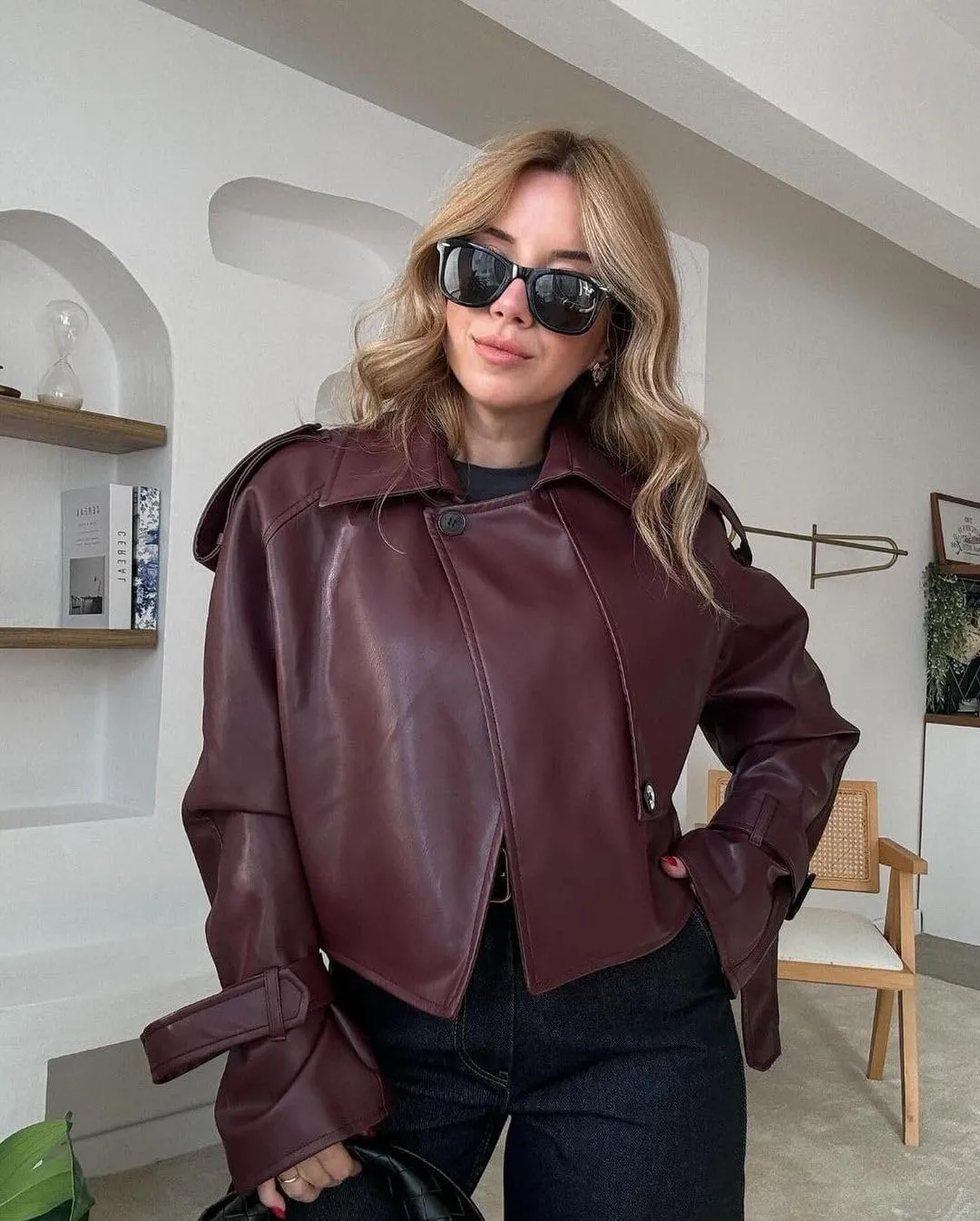 VOIKERDR Faux Leather Jacket Women Trendy Leather Bomber Jacket Open Front Motorcycle Outwear Casual Coat