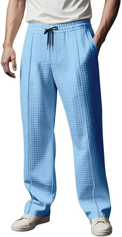 Waffle Pants for Men Plus Size Drawstring Elastic Waist Trousers with Pockets Summer Loose Lightweight Beach Pant