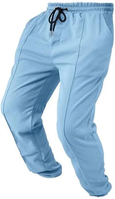 Waffle Pants for Men Plus Size Drawstring Elastic Waist Trousers with Pockets Summer Loose Lightweight Beach Pant