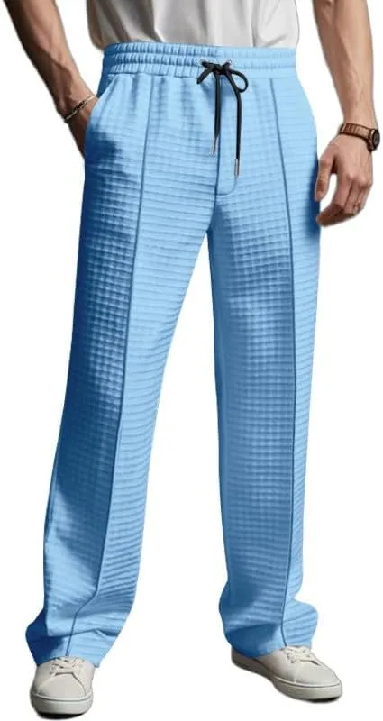 Waffle Pants for Men Plus Size Drawstring Elastic Waist Trousers with Pockets Summer Loose Lightweight Beach Pant