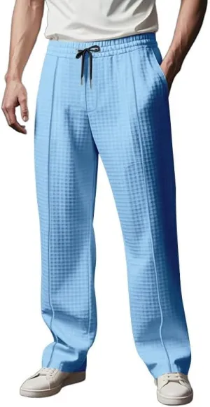 Waffle Pants for Men Plus Size Drawstring Elastic Waist Trousers with Pockets Summer Loose Lightweight Beach Pant
