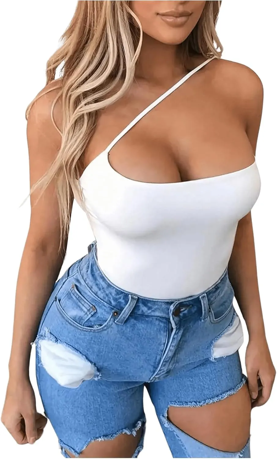 WDIRARA Women's Sexy One Shoulder Camisole Tops Asymmetrical Sleeveless Crop Top