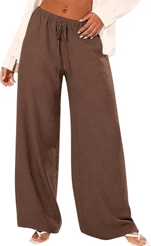 Wide Leg Linen Pants for Women Casual Drawstring High Waisted Palazzo Pants Lightweight Summer Flowy Beach Trousers